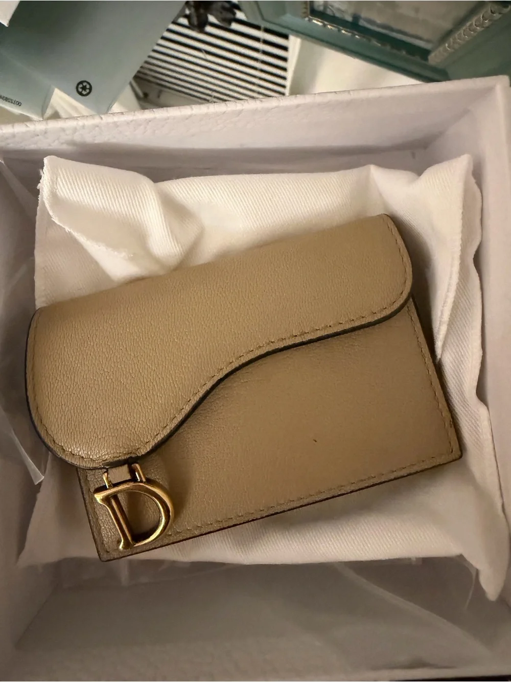 Dior Taupe Saddle Card Case with Gold 'D' Charm